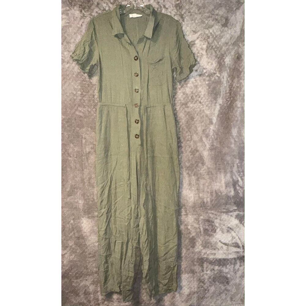 Fashion on Earth Army Green Collared Straight Leg Jumpsuit Elastic Waist Small 7